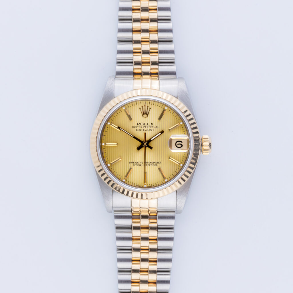 Rolex Oyster Perpetual Datejust Mid-Size Champagne Tapestry 68273 1989 (Volledige set) 10 3F2A2012 1CG 3M Langedyk Vintage Watches