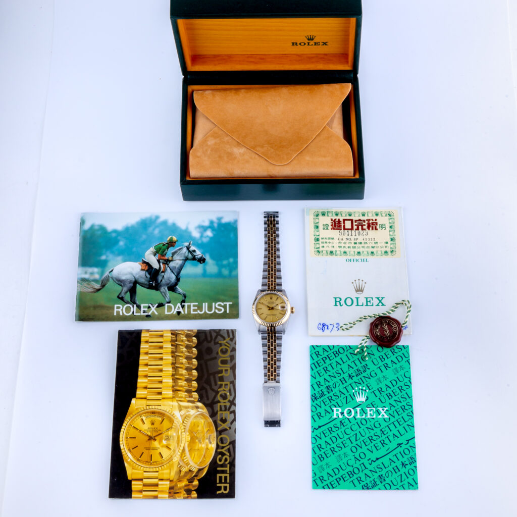 Rolex Oyster Perpetual Datejust Mid-Size Champagne Tapestry 68273 1989 (Volledige set) 15 Rolex Datejust 68273