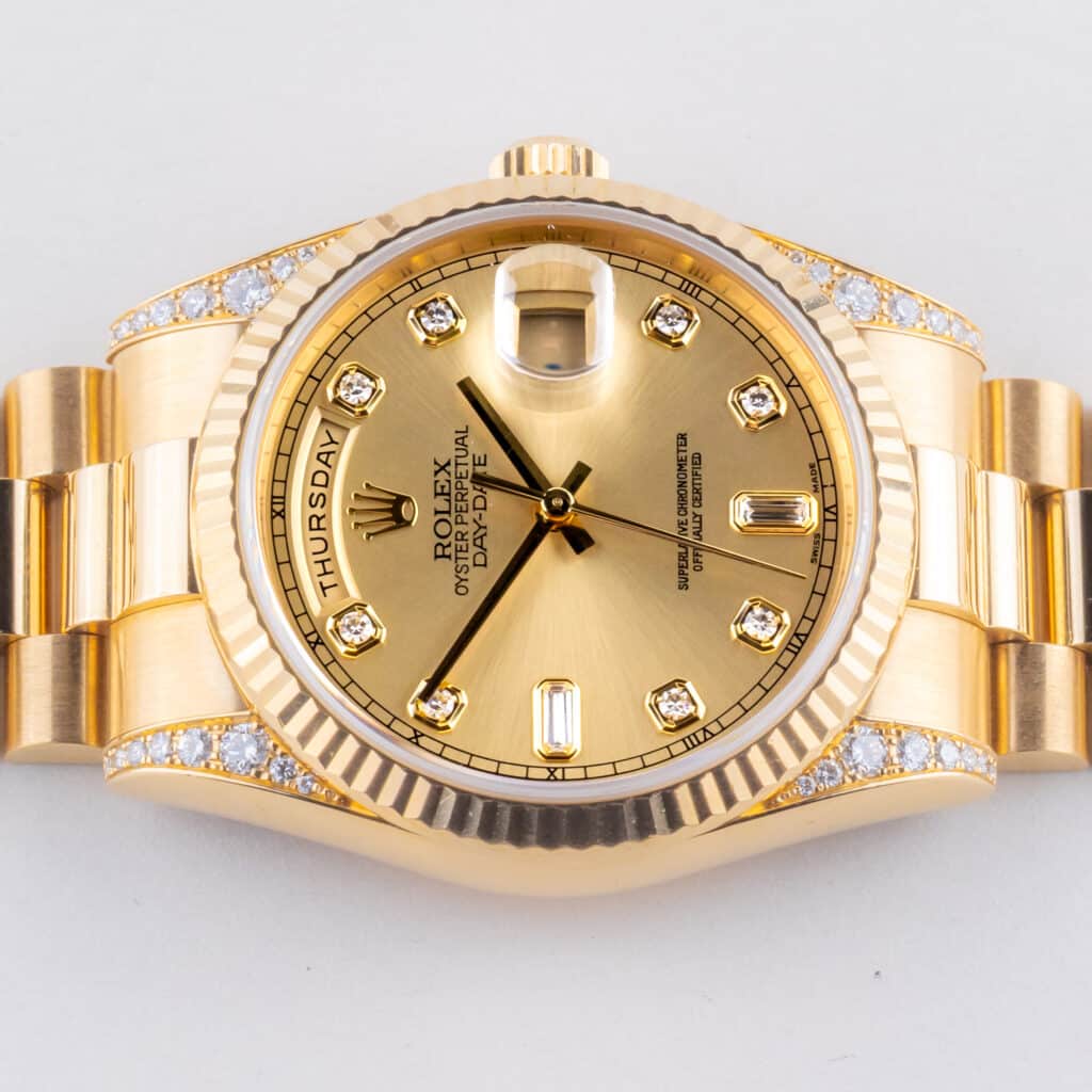 Rolex Oyster Perpetual Day-Date Champagne Diamond 118338 2000 (Volledige Set) 12 Rolex Day-Date 118338