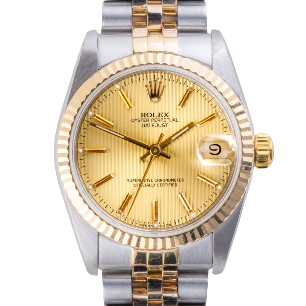 Rolex Oyster Perpetual Datejust Mid-Size Champagne Tapestry 68273 1988 (Vollständiger Satz) 10 2E0B9061 1CG 3M Langedyk Vintage Watches