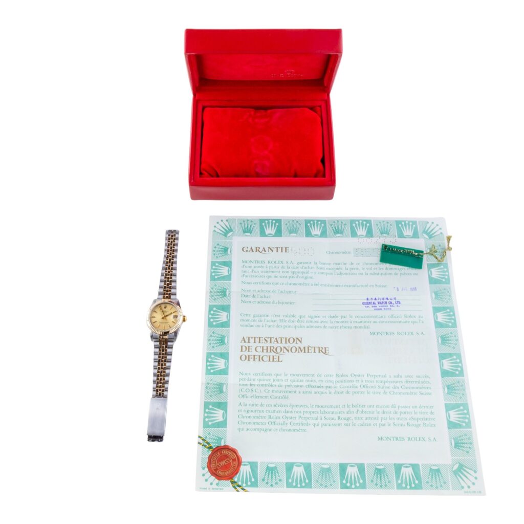Rolex Oyster Perpetual Datejust Mid-Size Champagne Tapestry 68273 1988 (Vollständiger Satz) 15 2E0B9402 1CG 3M Langedyk Vintage Watches