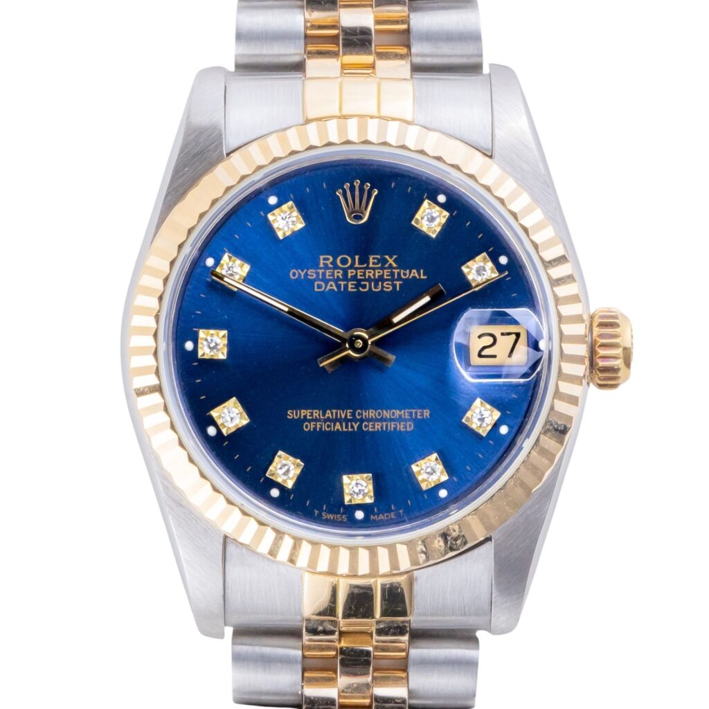 Rolex Oyster Perpetual Datejust Mid-Size Blue Diamond 68273 1988 (Vollständiger Satz) 10 2E0B0891 1CG 3M Langedyk Vintage Watches
