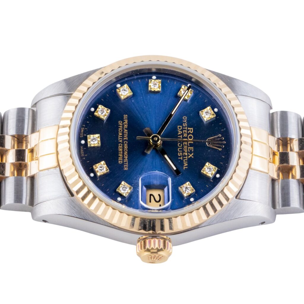 Rolex Oyster Perpetual Datejust Mid-Size Blue Diamond 68273 1988 (Vollständiger Satz) 13 2E0B0899 1CG 3M Langedyk Vintage Watches
