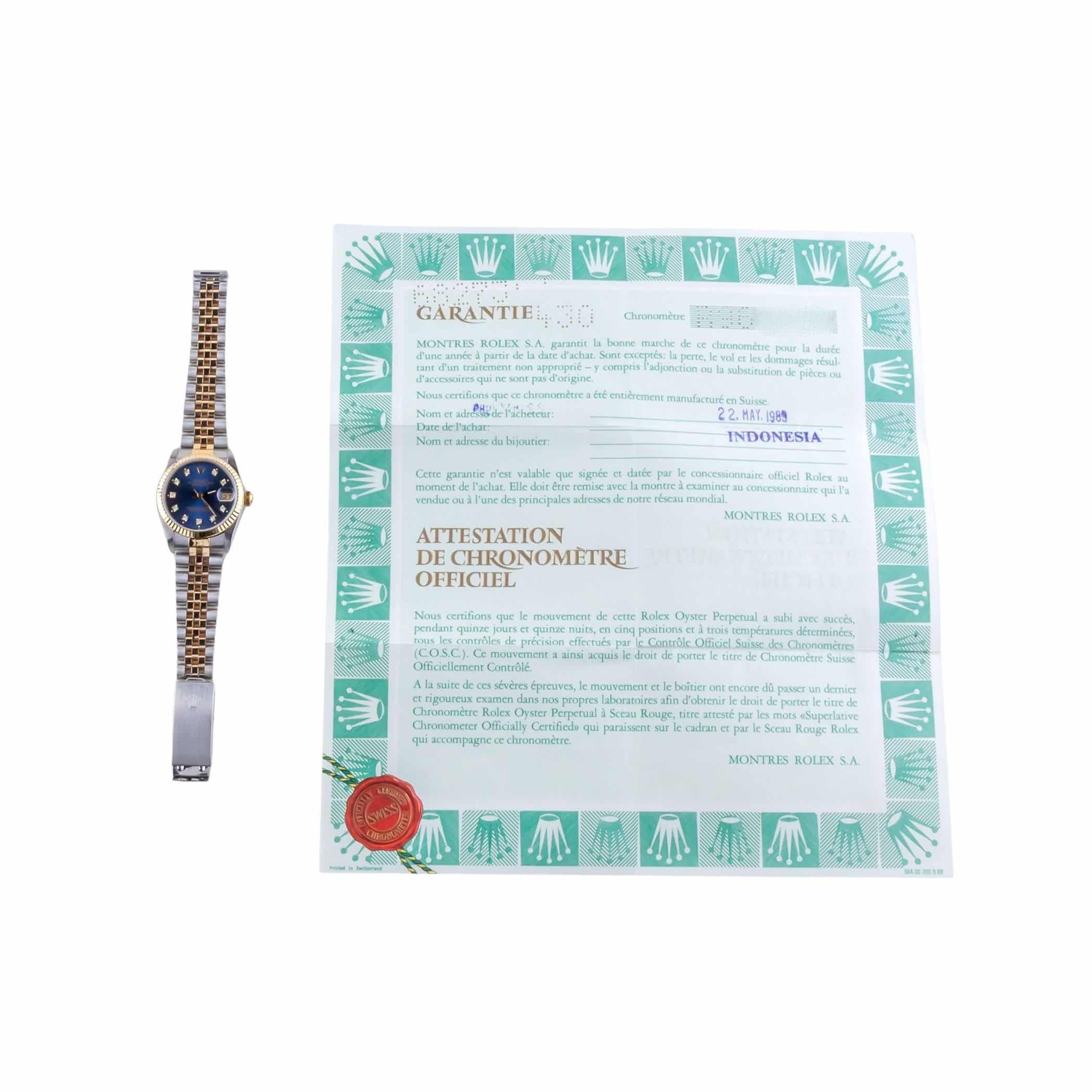 Rolex Oyster Perpetual Datejust Mid-Size Blue Diamond 68273 1988 (Vollständiger Satz) 8 Rolex Oyster Perpetual Datejust Mid-Size Blue Diamond 68273 1988 (Vollständiger Satz) – Bild 8
