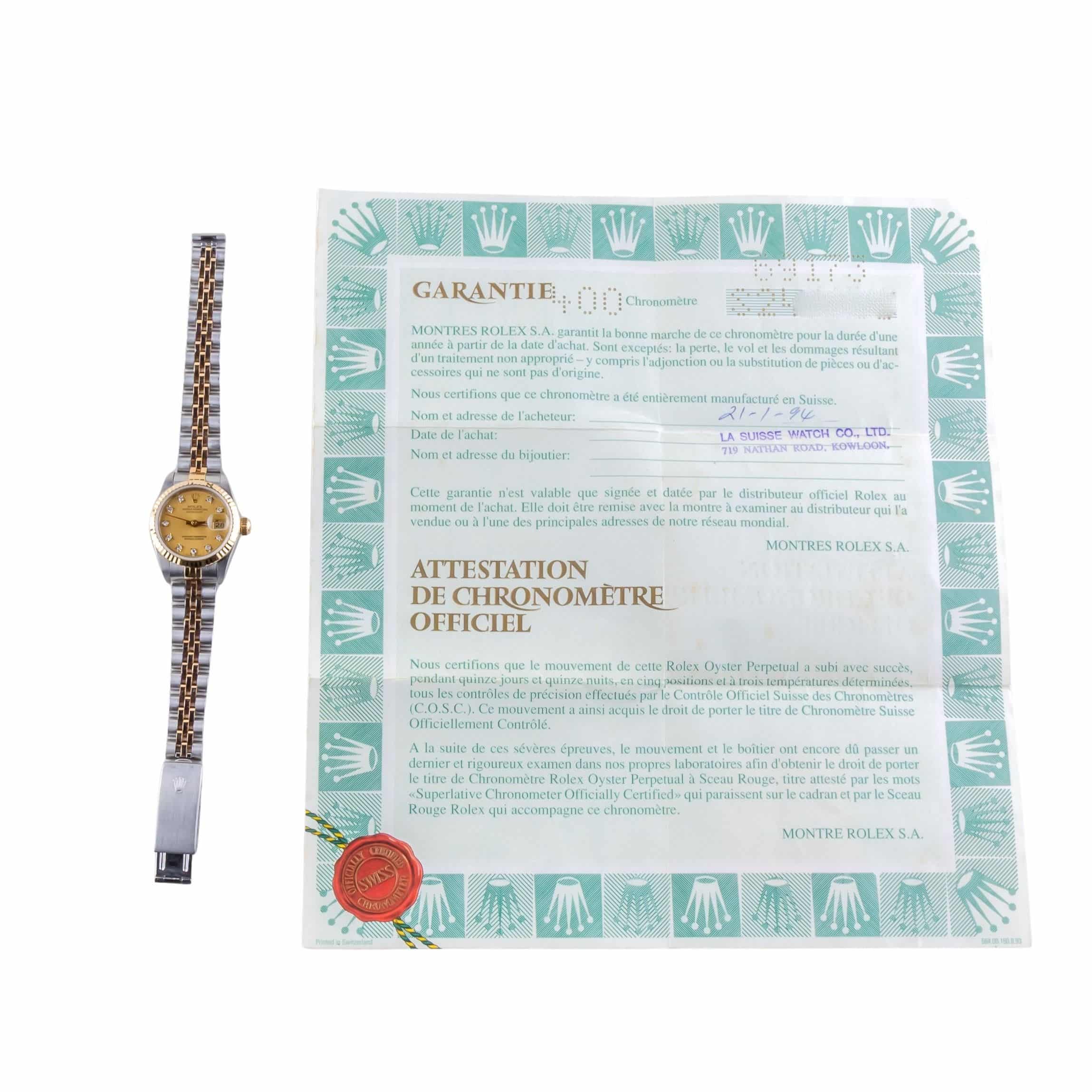 Rolex Lady-Datejust Champagne Diamond 69173 1993 Volledige Set) 8 Rolex Lady-Datejust Champagne Diamond 69173 1993 Volledige Set) - Afbeelding 8