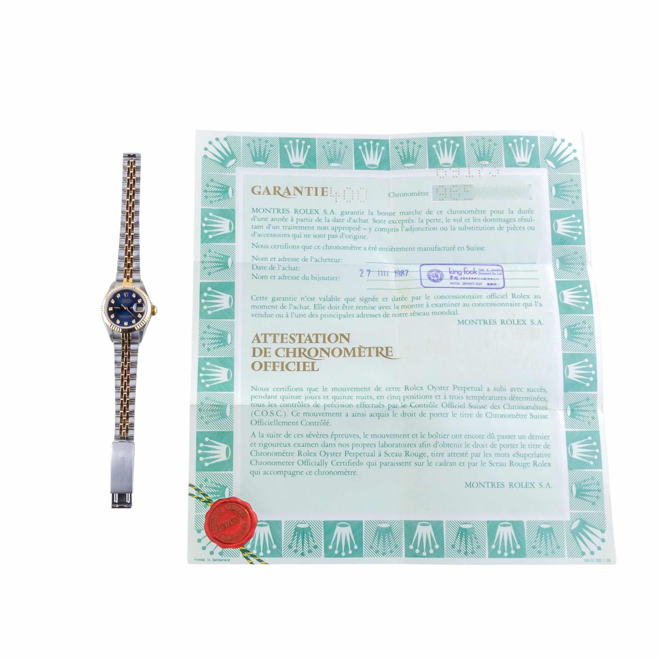 Rolex Lady-Datejust Blue Diamond 69173 1987 (Full Set) 8 2E0B1959 1CG 3M