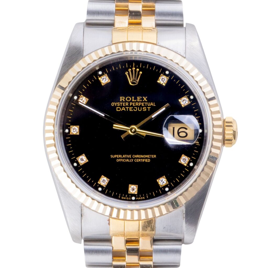 Rolex Oyster Perpetual Datejust Black Diamond 16233 1989 (Vollständiger Satz) 10 2E0B4027 1CG 3M Langedyk Vintage Watches