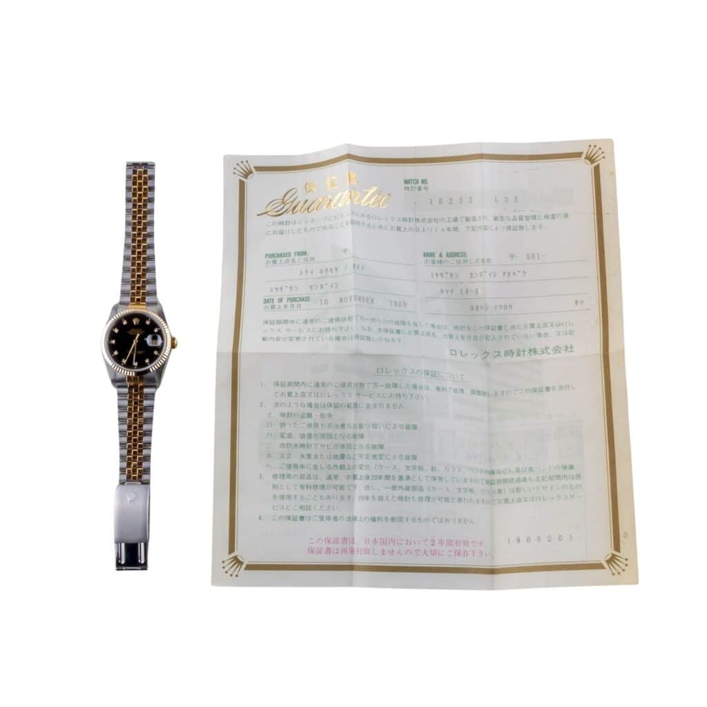 Rolex Oyster Perpetual Datejust Black Diamond 16233 1989 (Vollständiger Satz) 15 2E0B4138 1CG 3M Langedyk Vintage Watches